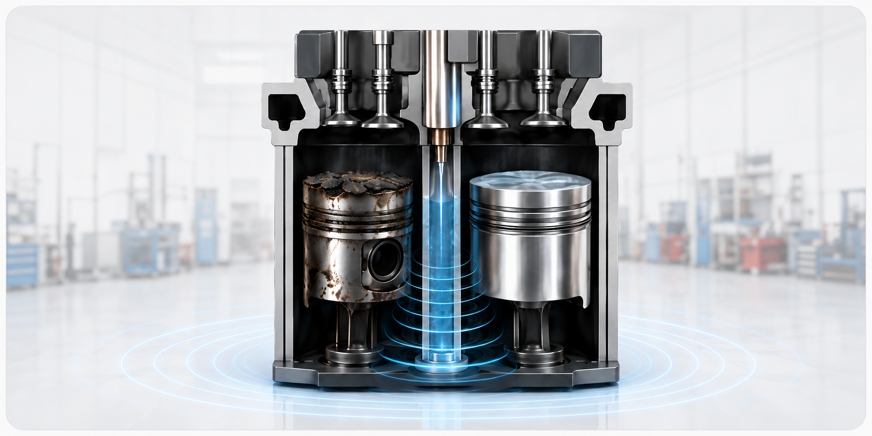 Ultrasonic cleaning removing carbon deposits from a piston crown inside the combustion chamber