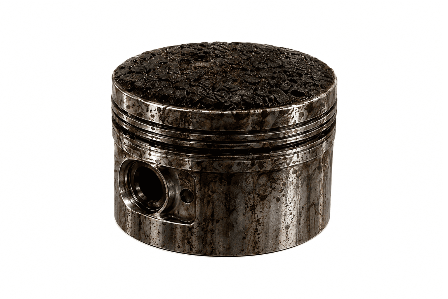 Piston crown covered in hardened carbon deposits